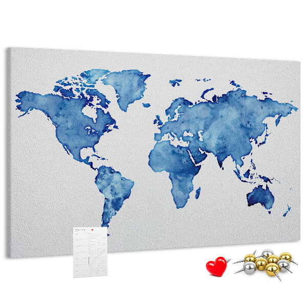Bacheca in sughero con stampa di mappa del mondo ad acquerello blu