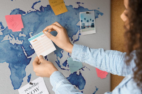 Bacheca in sughero con stampa di mappa del mondo ad acquerello blu