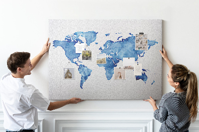 Bacheca in sughero con stampa di mappa del mondo ad acquerello blu