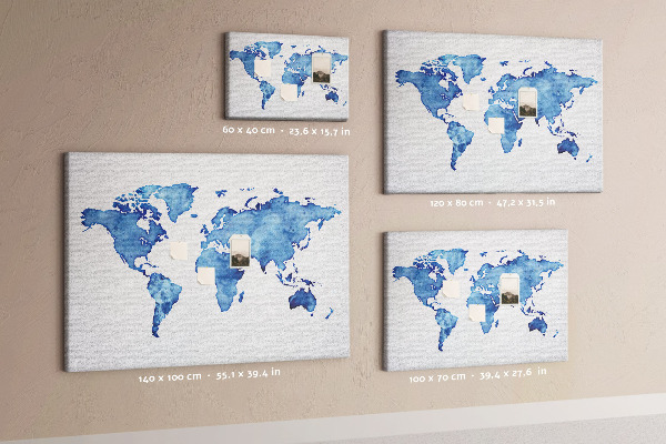 Bacheca in sughero con stampa di mappa del mondo ad acquerello blu