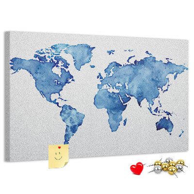Bacheca in sughero con stampa di mappa del mondo ad acquerello blu