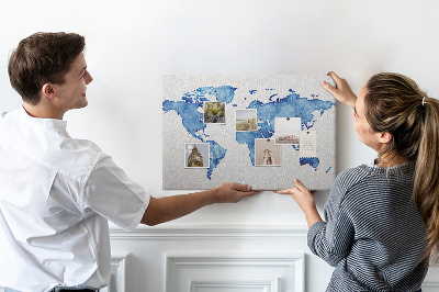 Bacheca in sughero con stampa di mappa del mondo ad acquerello blu