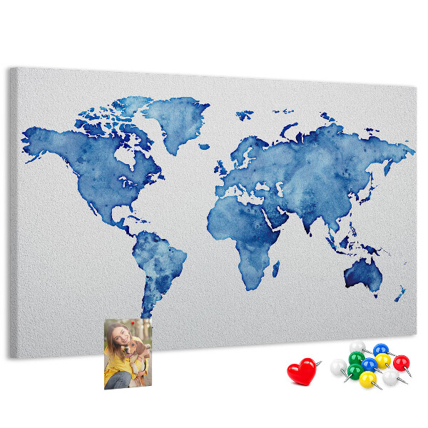 Bacheca in sughero con stampa di mappa del mondo ad acquerello blu