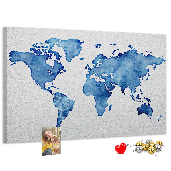 Bacheca in sughero con stampa di mappa del mondo ad acquerello blu