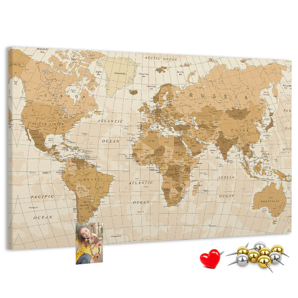 Lavagna di sughero mappa del mondo antico color marrone