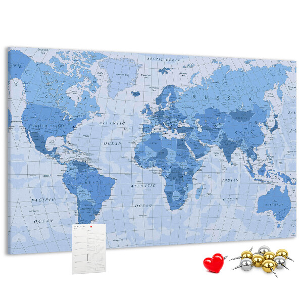 Bacheca in sughero mappa del mondo in varie tonalità di blu