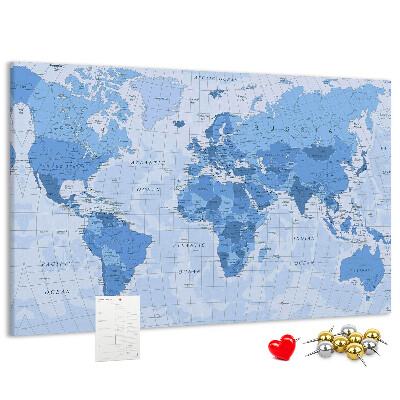 Bacheca in sughero mappa del mondo in varie tonalità di blu