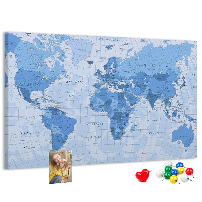 Bacheca in sughero mappa del mondo in varie tonalità di blu