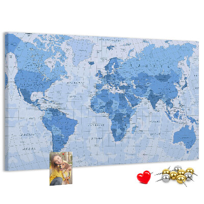 Bacheca in sughero mappa del mondo in varie tonalità di blu