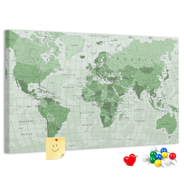 Lavagna di sughero mappa del mondo con continenti in colore verde