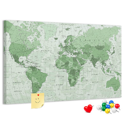 Lavagna di sughero mappa del mondo con continenti in colore verde