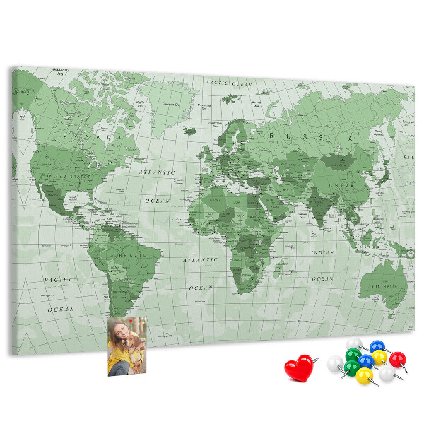 Lavagna di sughero mappa del mondo con continenti in colore verde