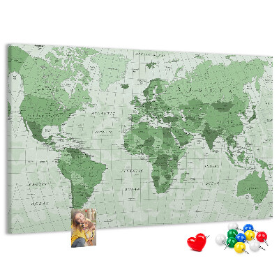 Lavagna di sughero mappa del mondo con continenti in colore verde