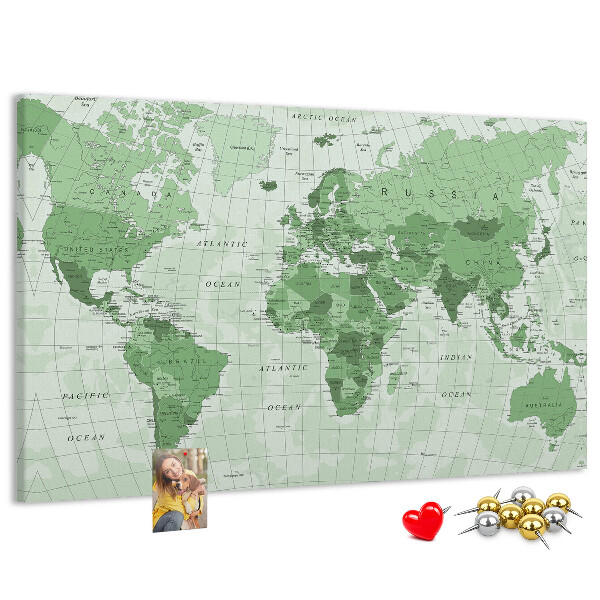 Lavagna di sughero mappa del mondo con continenti in colore verde