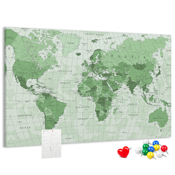 Lavagna di sughero mappa del mondo con continenti in colore verde