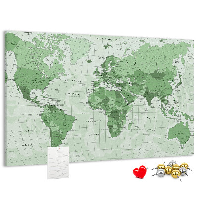 Lavagna di sughero mappa del mondo con continenti in colore verde