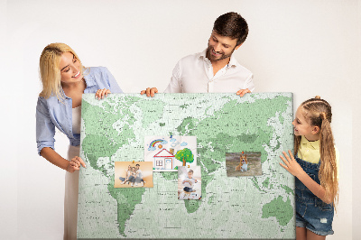 Lavagna di sughero mappa del mondo con continenti in colore verde