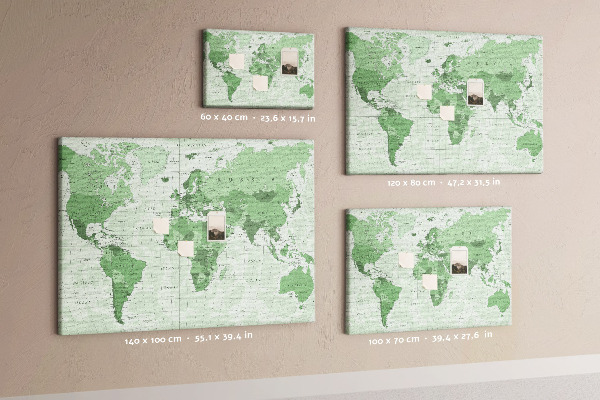 Lavagna di sughero mappa del mondo con continenti in colore verde