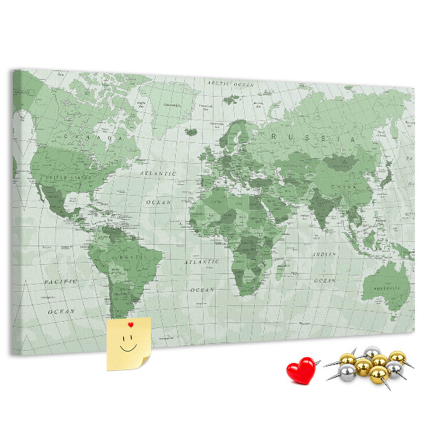 Lavagna di sughero mappa del mondo con continenti in colore verde