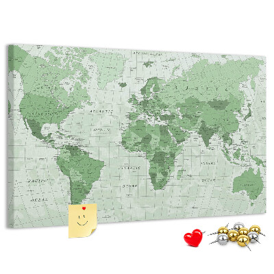 Lavagna di sughero mappa del mondo con continenti in colore verde