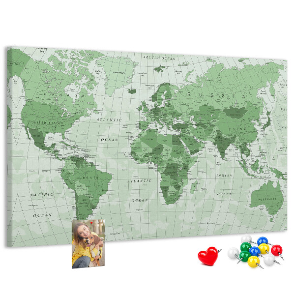 Lavagna di sughero mappa del mondo con continenti in colore verde