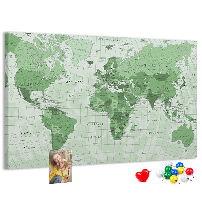 Lavagna di sughero mappa del mondo con continenti in colore verde