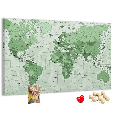 Lavagna di sughero mappa del mondo con continenti in colore verde