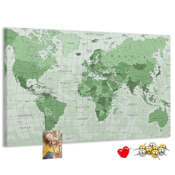 Lavagna di sughero mappa del mondo con continenti in colore verde