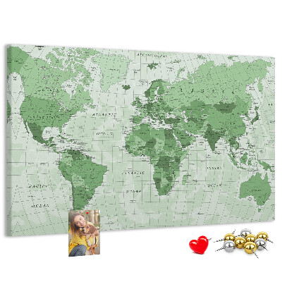 Lavagna di sughero mappa del mondo con continenti in colore verde