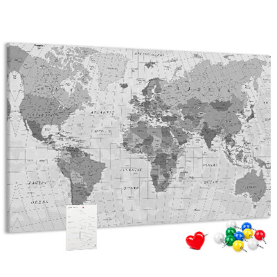 Bacheca in sughero mappa del mondo dettagliata in diverse tonalità di grigio