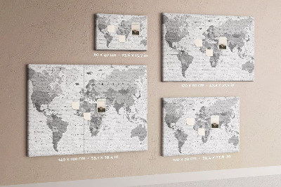 Bacheca in sughero mappa del mondo dettagliata in diverse tonalità di grigio