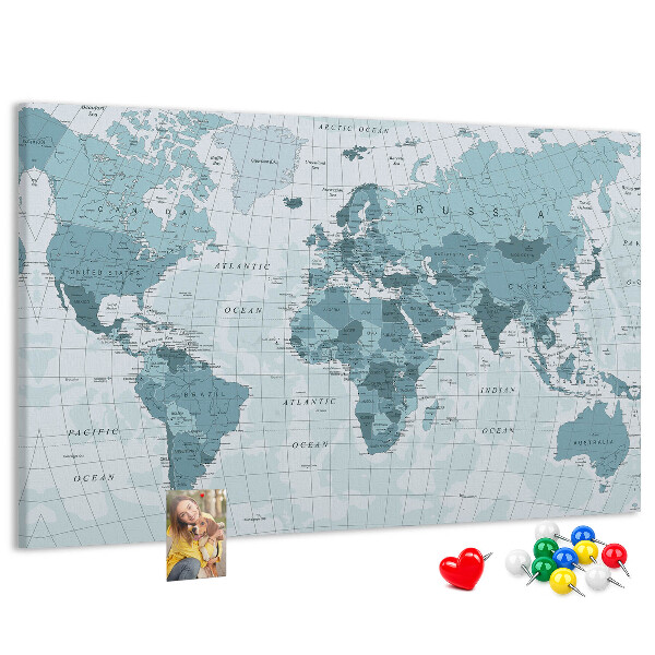 Lavagna di sughero mappa del mondo in diverse tonalità di blu