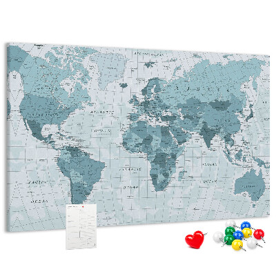 Lavagna di sughero mappa del mondo in diverse tonalità di blu