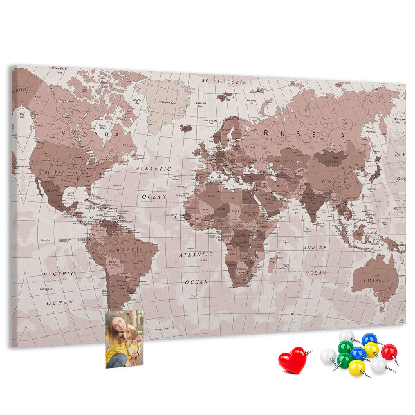 Bacheca in sughero mappa del mondo nelle tonalità del rosa