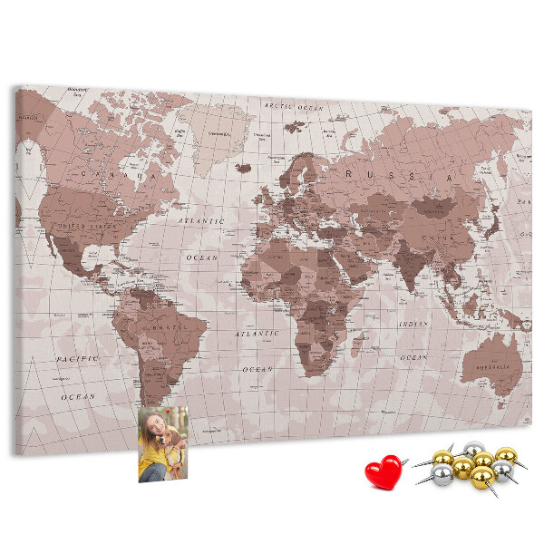 Bacheca in sughero mappa del mondo nelle tonalità del rosa