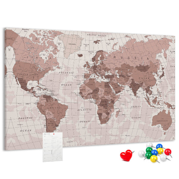 Bacheca in sughero mappa del mondo nelle tonalità del rosa
