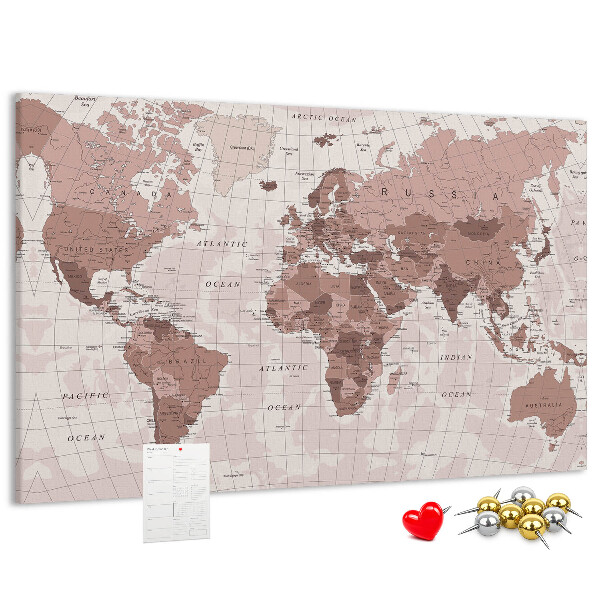 Bacheca in sughero mappa del mondo nelle tonalità del rosa