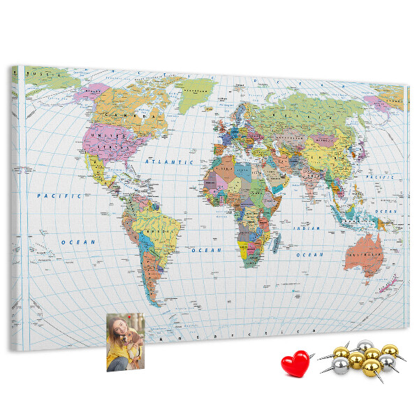 Bacheca in sughero con mappa del mondo e continenti colorati