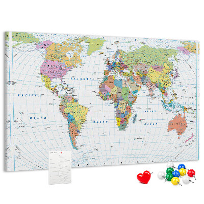 Bacheca in sughero con mappa del mondo e continenti colorati