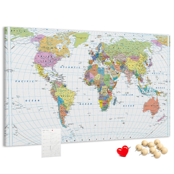 Bacheca in sughero con mappa del mondo e continenti colorati