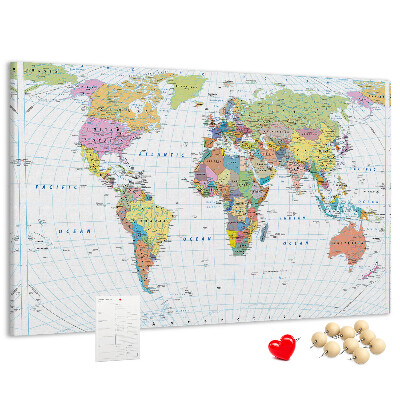 Bacheca in sughero con mappa del mondo e continenti colorati