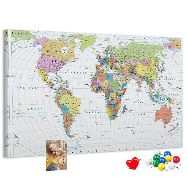 Bacheca in sughero con mappa del mondo e continenti colorati