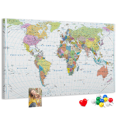 Bacheca in sughero con mappa del mondo e continenti colorati