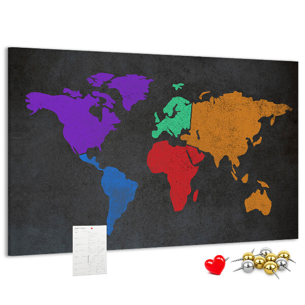 Lavagna di sughero mappa del mondo colorata su sfondo scuro