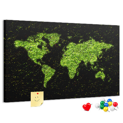 Lavagna di sughero mappa del mondo verde su sfondo nero