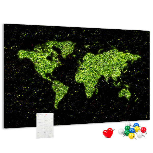 Lavagna di sughero mappa del mondo verde su sfondo nero