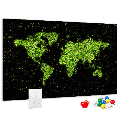Lavagna di sughero mappa del mondo verde su sfondo nero