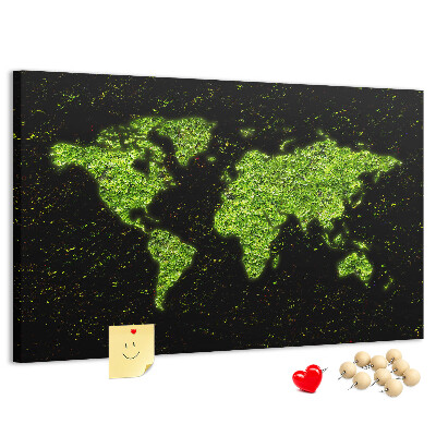 Lavagna di sughero mappa del mondo verde su sfondo nero