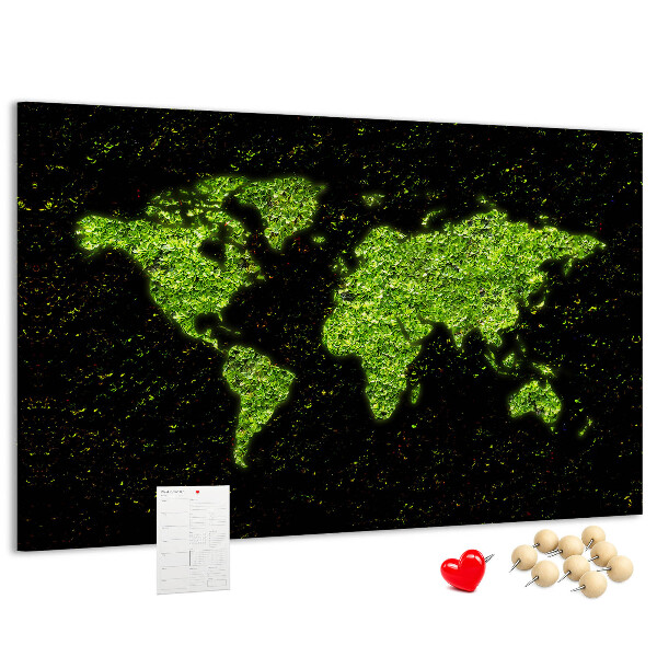Lavagna di sughero mappa del mondo verde su sfondo nero
