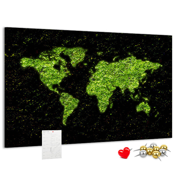 Lavagna di sughero mappa del mondo verde su sfondo nero